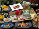 【夕食グレードアップ-優(Yu)会席-秋イメージ】アコウ鯛姿造り、松茸土瓶蒸し、黒毛和牛サーロインなど。