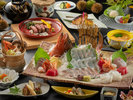 【夕食グレードアップ-優(Yu)会席2026-秋イメージ】アコウ姿造り、松茸土瓶蒸し、黒毛和牛ステーキなど。