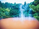 【血の池地獄】木々の緑に囲まれた赤い池。立ちのぼる湯けむりに大地の熱を感じる。