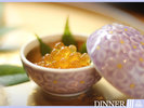 【ご夕食一例】前菜の川魚の卵しょうゆ漬け。宝石のような美しさです。