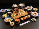 姫百合膳「伊勢海老料理3種・鮑・和牛・太鼓橋一人盛り」一例