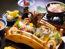 姫百合膳「伊勢海老料理3種・鮑・和牛・太鼓橋一人盛り」一例