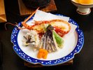 姫百合膳「伊勢海老料理3種・鮑・和牛・太鼓橋一人盛り」一例