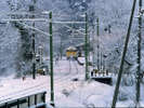 冬の弥彦駅 雪の中を走る電車