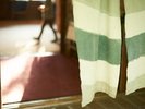 中棚荘の柔らかな暖簾が出迎える玄関