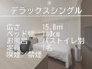 少し広めなシングルルーム。作業のしやすい広めのデスクが特徴です。バス・トイレ別のお風呂です。