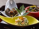 【土地の恵み会席】秋(2026年9月〜11月)先付 ちゃんばら貝旨煮 むかごと舞茸の菊花お浸し 他