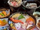 【会席(個人用)】お刺身、アワビの踊り焼き、鯛のあら炊き、ひじき麺鍋など