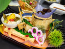2025年9月10月《前菜一例》焼栗・秋刀魚棒寿司・栗きのこ白和えなど