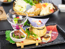 2025年11月12月《お献立の一例》前菜:白子豆腐、牛生ハム金胡麻春菊浸、里芋田楽、公魚甘露煮、冬至南瓜他