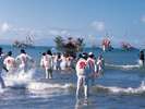 【青島の祭り】『海を渡る祭礼』は青島の青年男子が神輿をかつぎます。