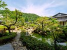 緑豊かな植栽と静かな池が配された、日本の伝統的な旅館の中庭の風景。