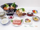 【ご夕食・長者御膳】奥出雲ポークと奥出雲特産の舞茸、野菜をふんだんに使った二色鍋をご賞味ください!