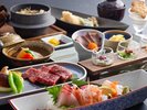 【グレードUP夕食】愛姫牛鉄板焼き×鮮魚の盛合せをご堪能ください。(一例)