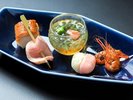 ◆前菜/川海老有馬煮・合鴨塩蒸し・鱧寿司など(2026年初夏お食事イメージ)