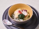 ・【春料理一例・凌ぎ】若布御飯 蛸柔煮 紅甲餡 桜麩 錦糸玉子 法蓮草