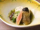 ・【夏料理一例:花庵の湯波】生湯波陸蓮根餡掛け 占地 陸蓮根 小茄子 ズワイ蟹
