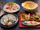 ふぐプラン(前菜、お造り、てっちり具材、雑炊)※写真のてっさとてっちりは二人分。その他は一人分。