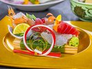 2026年1月2月《お献立一例》お造り:真鯛松皮造り、鰆梅たたき、鮪、南洋赤海老♪