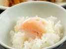 【ご朝食】献立の一例。温泉たまご・お米は栃木県産のコシヒカリ。