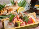 高級魚「のどぐろ)の塩焼き、黒毛和牛ステーキ+鮑の踊り焼き会席