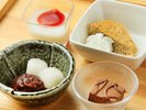 デザート例 (杏仁豆腐・紅茶シフォンケーキ・白玉あんこ添え・ショコラケーキ)