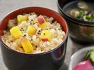 さつま芋御飯、涸沼産蜆味噌汁、香の物