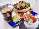 高級食材のアワビや金目鯛をご用意した造りと宝楽焼