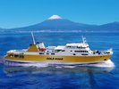 駿河湾フェリー。清水港と土肥港を結ぶ70分の海上旅。晴れの日は航海中ずっと富士山の絶景を愉しめます。