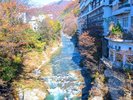 紅葉に彩られた利根川。清流と秋の色彩が織りなす贅沢な景観です。