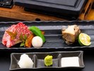 【菊水会席】群馬のブランド牛「赤城牛ステーキ」と肝ソースでいただく「鮑ステーキ」のWメイン