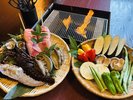 浜焼きプラン、海鮮盛合せ、旬の野菜盛合せ