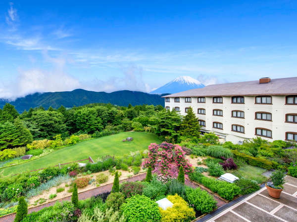富士山ビュー客室から畳スペースのソファに腰掛け眺める富士山。早めチェックインや翌朝に眺めるのが◎