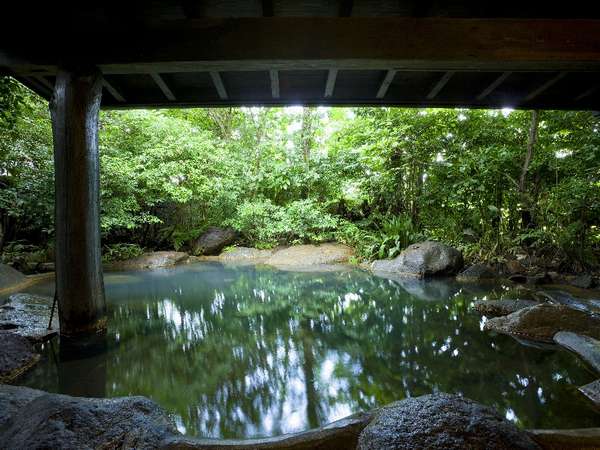 【大浴場】男女交代制の露天｡自然の岩の形を生かした湯船は木々に囲まれた癒しの空間／例