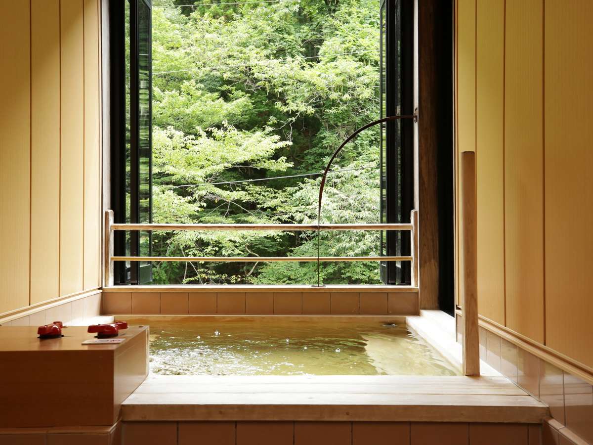 眺望が望める源泉掛け流しの半露天風呂付客室は全2室。窓の開け閉めで露天風呂、内湯としても楽しめます。