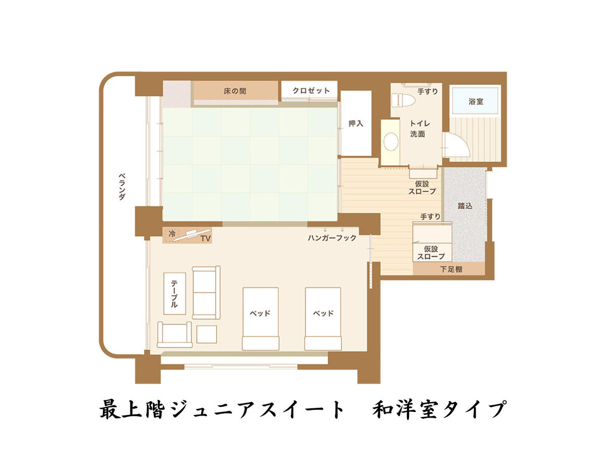 【熱川プリンスホテル】最上階ジュニアスイート和洋室（最大６名・98.7平米）見取り図