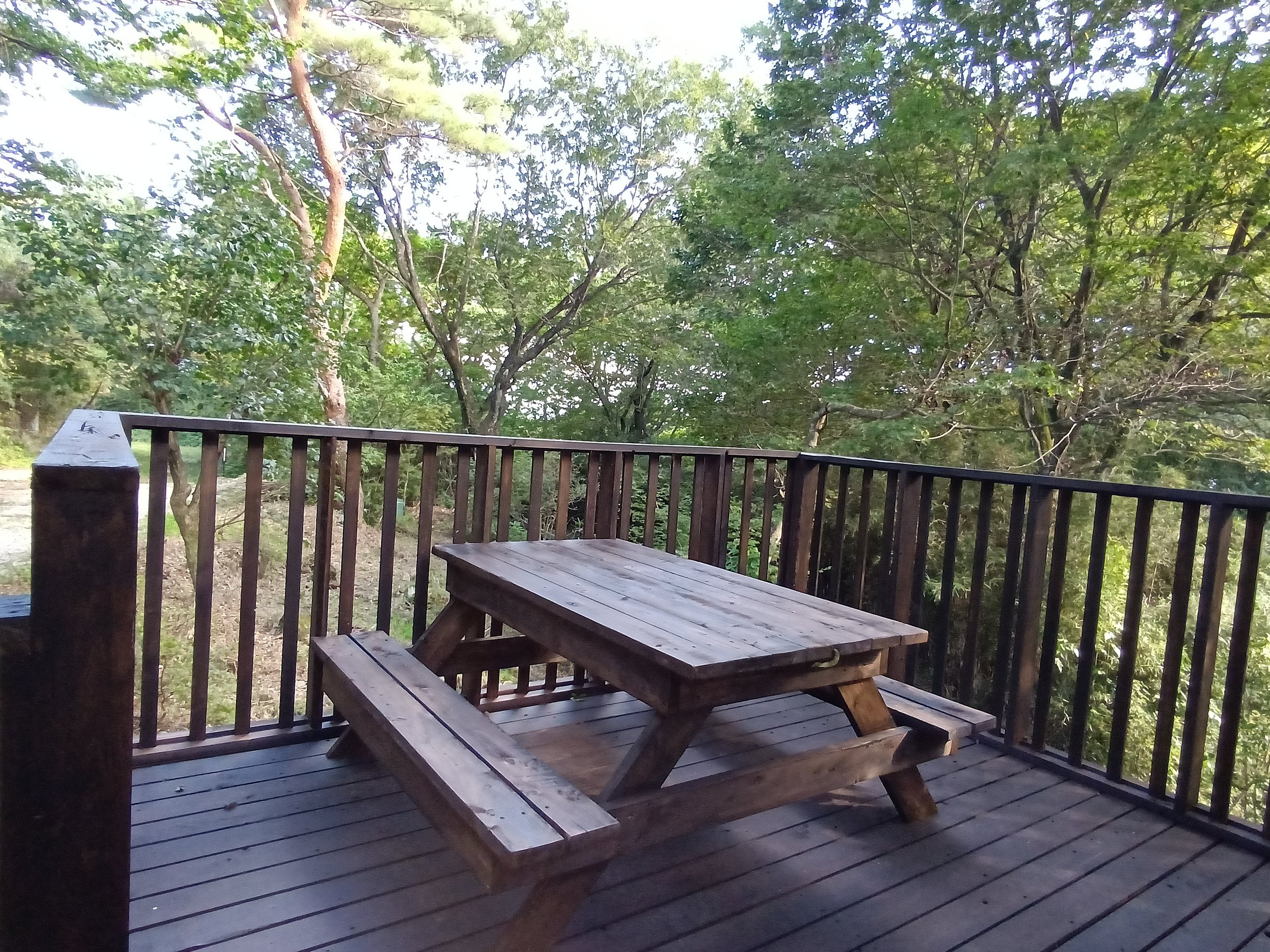 �E�b�h�f�b�L�ɂ̓e�[�u�����u���Ă���܂��B�����։��̂��߂��^�o�R�͂�����ł��肢���܂��B