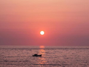 景色|水平線に夕陽が沈む瞬間をゆっくりとご覧ください