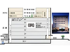 館内フロアマップショッピングセンター「OPA」の上層にあるホテルです。