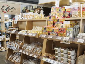 交流にぎわい棟(道の駅)(ホテルから徒歩1分):県内各地のスイーツ、お土産、特産品などが並びます