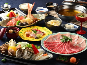 ご夕食 牛豚しゃぶしゃぶコース・金目鯛の姿煮付き(ー例) ※写真の肉・野菜・金目鯛は2名様盛りです