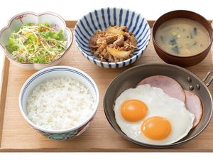 朝食無料サービス【吉野家】Wハムエッグ牛小鉢定食