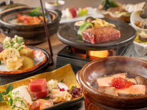 【極み会席/秋】鮭と松茸の土鍋ご飯や揚物 鮑・モウカ芋包み揚げ・海老湯葉巻 など(9〜11月)