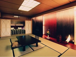【露天スイート一例】モダンデザインの和室とベッドルームのある客室タイプ。
