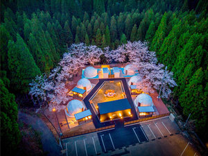 【GRAN FOREST 越前美山外観】木々に囲まれた6棟のグランピングドーム