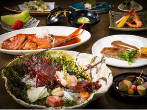 【お料理グレードアップ】伊勢海老入りの御造り盛りと金目鯛の姿煮がメインの会席料理(一例)