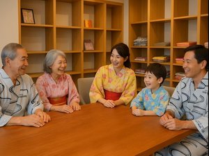 3世代家族 ロビーで会話がはずむ