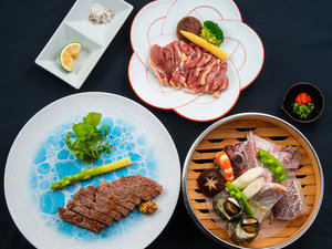 【夕食一例】濃厚な味わいが人気の“おおいた和牛”&大分県特産地鶏“豊のしゃも“