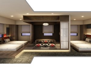 【デラックススイート和洋室】ベッド4台布団2組。最大6名宿泊可能なスイートルーム