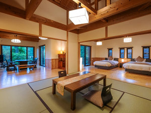 1室限定、離れのスイート。もちろん内風呂と露天の2つの温泉を備えて、大人数でもお泊りいただけます